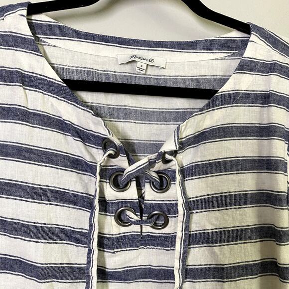 Madewell Striped Lace Up Short Sleeve Top Linen Cotton Blend Size S - Picture 3 of 5